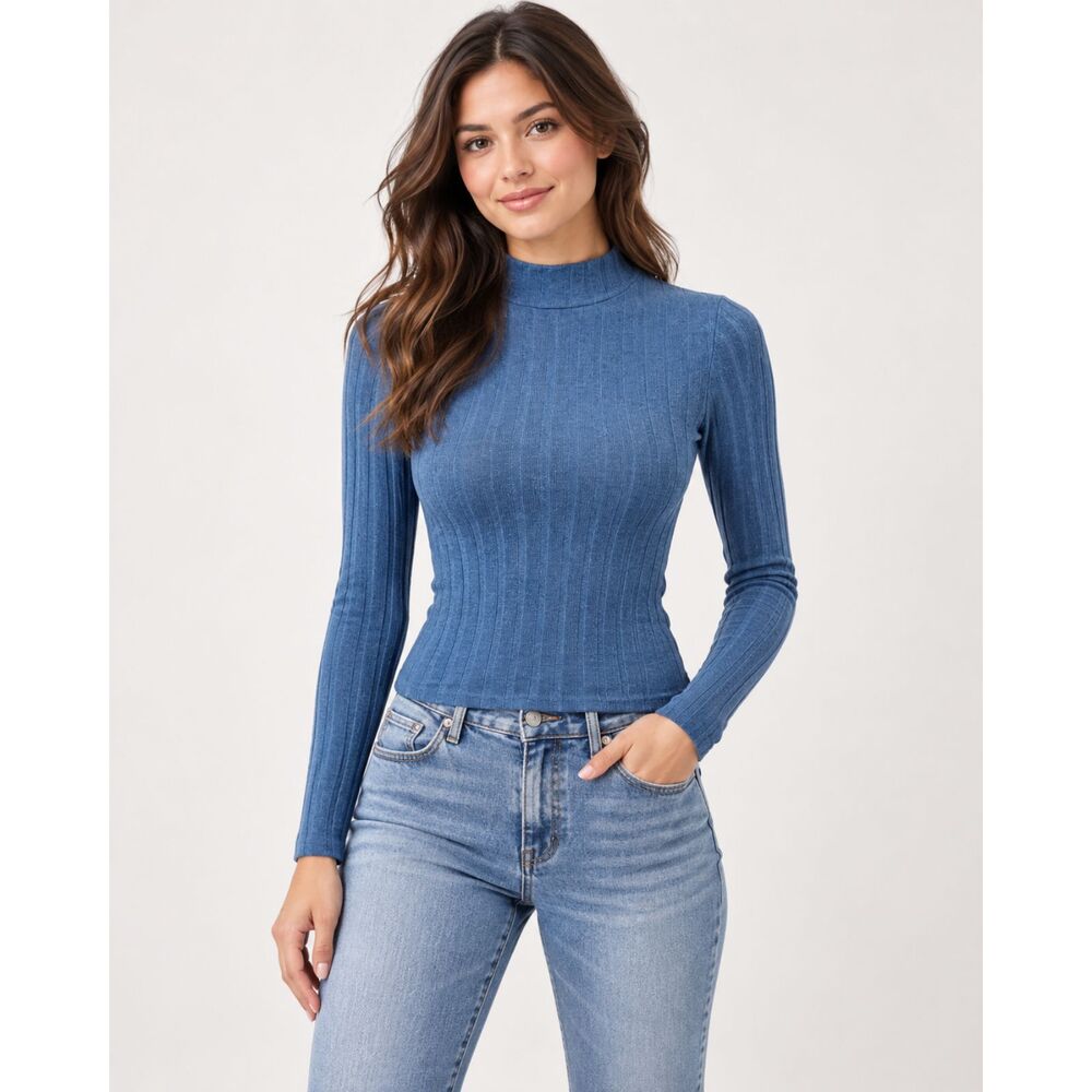 Livi Blue Wide Ribbed Mock Neck Top Long Sleeves XS